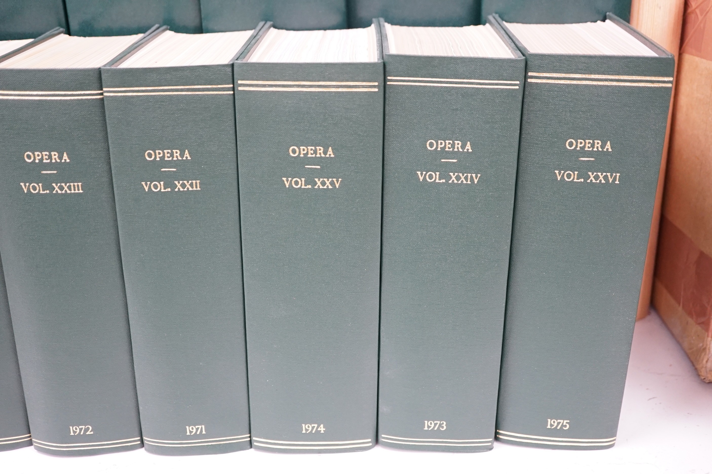 A collection of bound issues of the Opera and Ballet magazines (1948-49) and opera magazines c.1950-2010, bindings by Shepherds of Rochester Row, London, in green buckram. Approx 56 green bindings, 7 folders and 121 maga